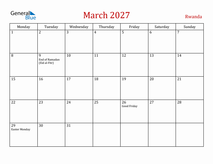 Rwanda March 2027 Calendar - Monday Start