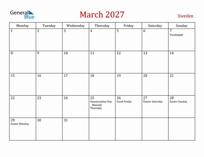 Sweden March 2027 Calendar - Monday Start