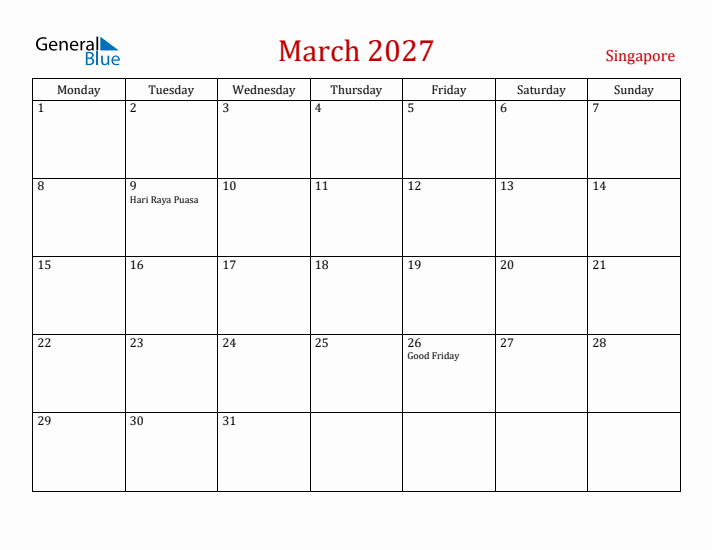 Singapore March 2027 Calendar - Monday Start