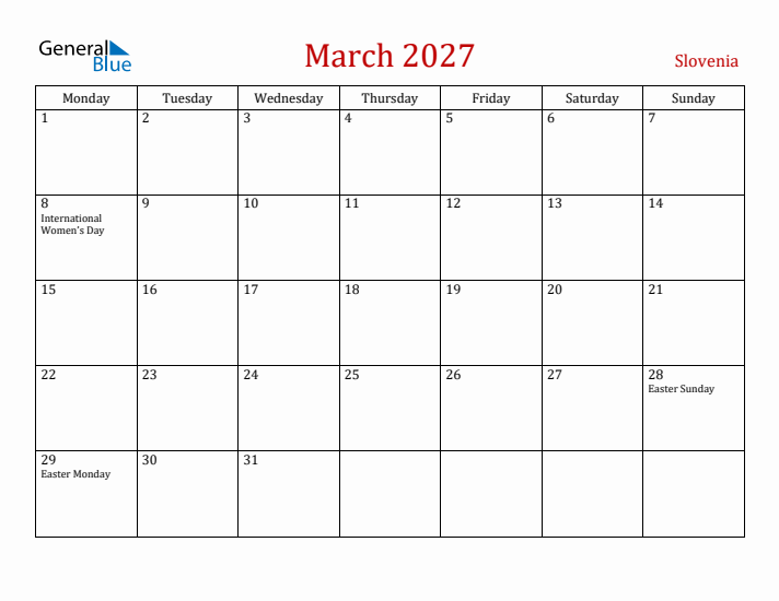 Slovenia March 2027 Calendar - Monday Start