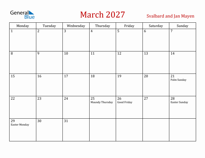 Svalbard and Jan Mayen March 2027 Calendar - Monday Start
