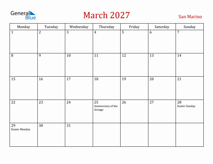 San Marino March 2027 Calendar - Monday Start