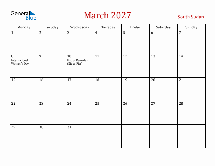 South Sudan March 2027 Calendar - Monday Start