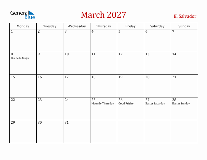 El Salvador March 2027 Calendar - Monday Start