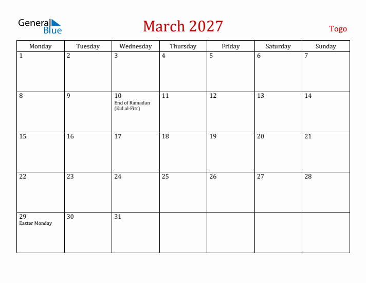 Togo March 2027 Calendar - Monday Start