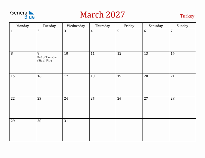 Turkey March 2027 Calendar - Monday Start