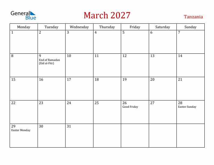 Tanzania March 2027 Calendar - Monday Start