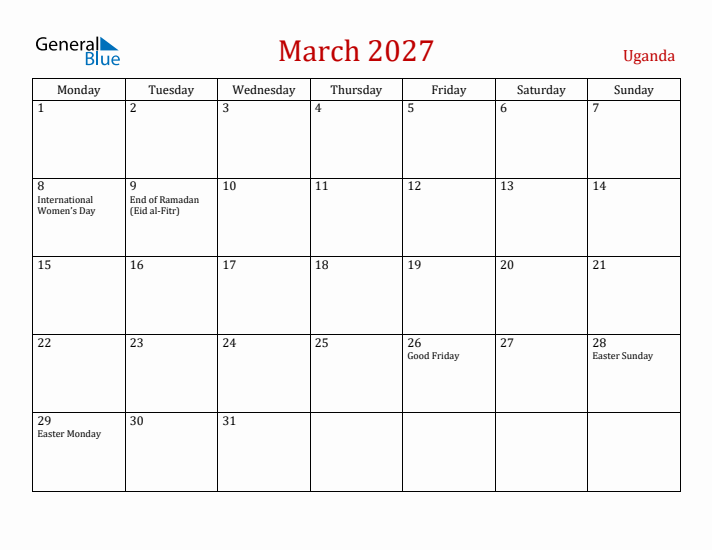 Uganda March 2027 Calendar - Monday Start