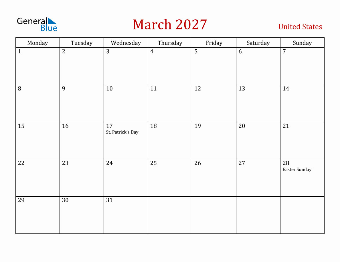 March 2027 United States Monthly Calendar with Holidays