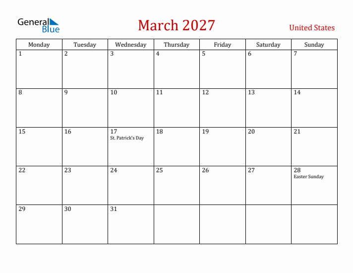 United States March 2027 Calendar - Monday Start