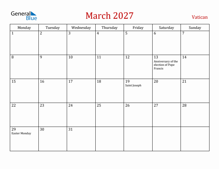 Vatican March 2027 Calendar - Monday Start