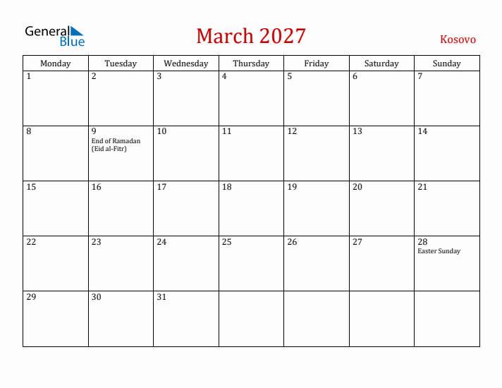 Kosovo March 2027 Calendar - Monday Start
