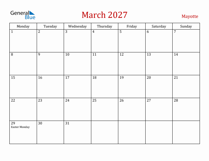 Mayotte March 2027 Calendar - Monday Start