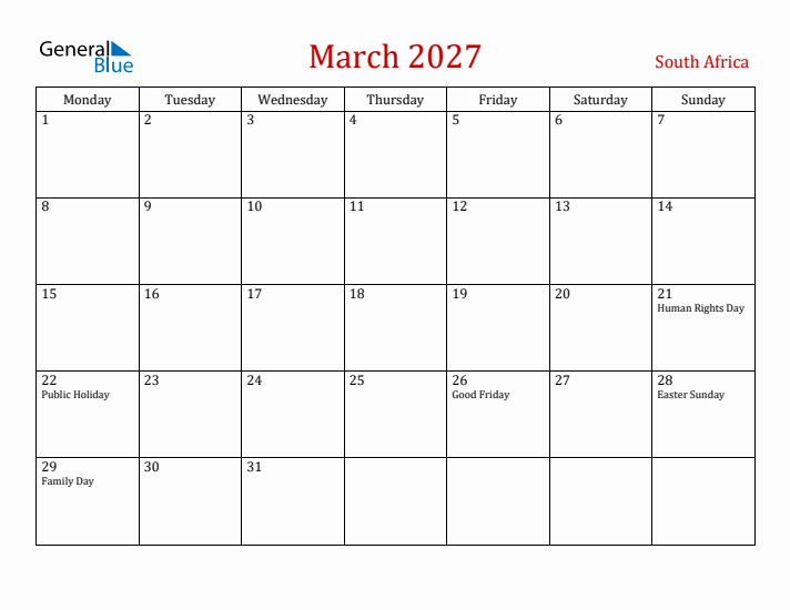 South Africa March 2027 Calendar - Monday Start