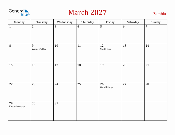 Zambia March 2027 Calendar - Monday Start