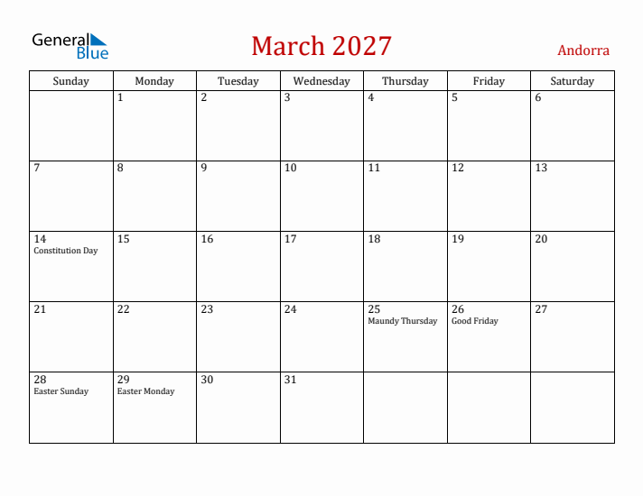Andorra March 2027 Calendar - Sunday Start