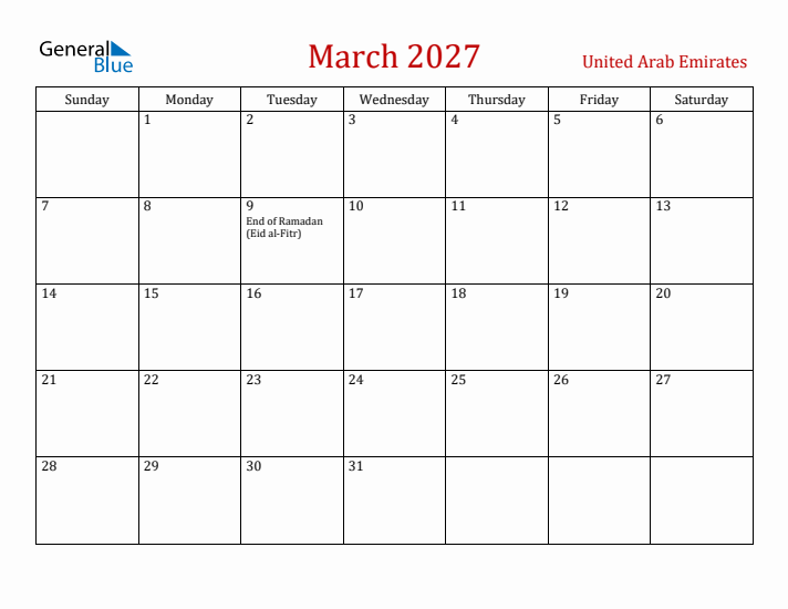 United Arab Emirates March 2027 Calendar - Sunday Start