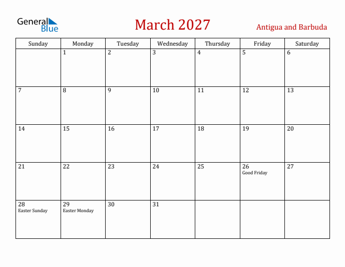 Antigua and Barbuda March 2027 Calendar - Sunday Start