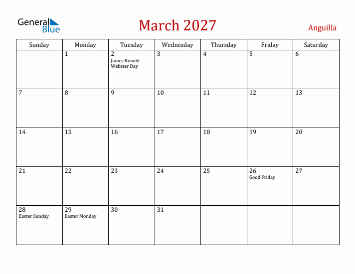 Anguilla March 2027 Calendar - Sunday Start