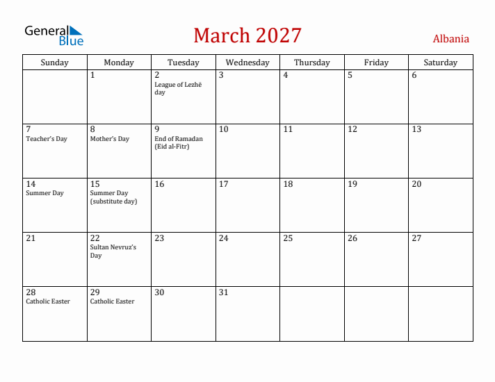 Albania March 2027 Calendar - Sunday Start