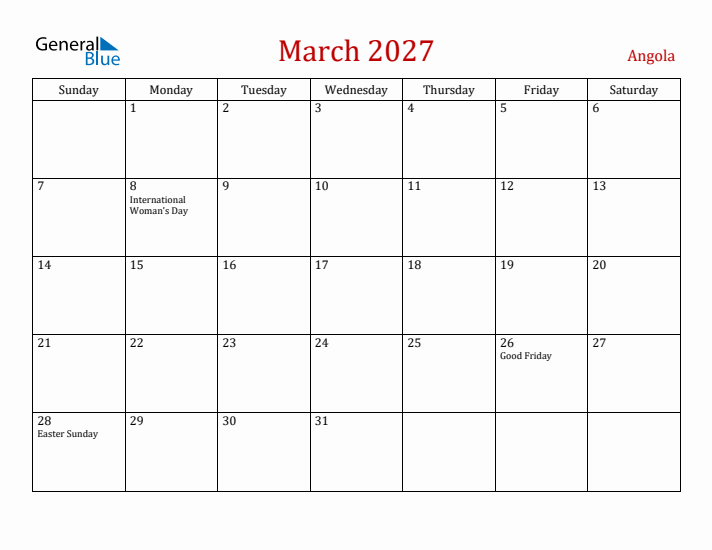 Angola March 2027 Calendar - Sunday Start