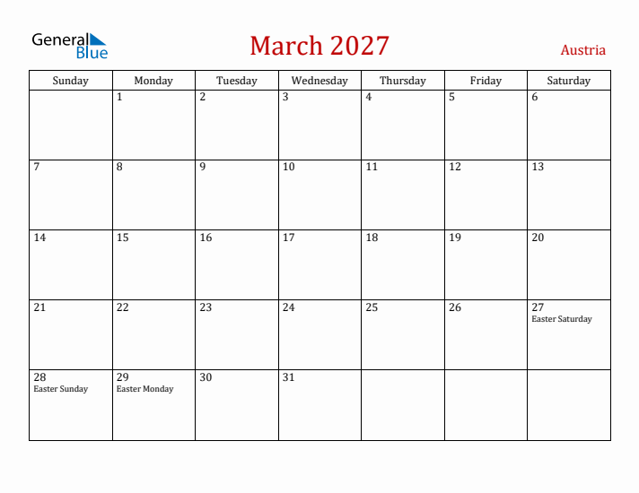 Austria March 2027 Calendar - Sunday Start