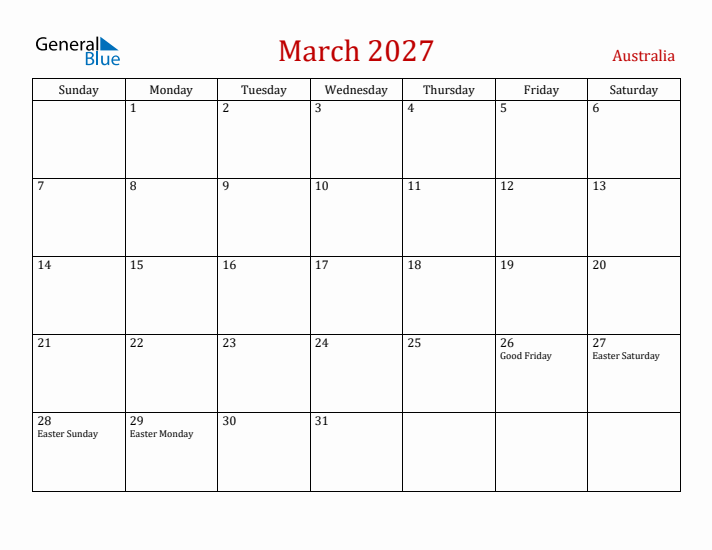 Australia March 2027 Calendar - Sunday Start
