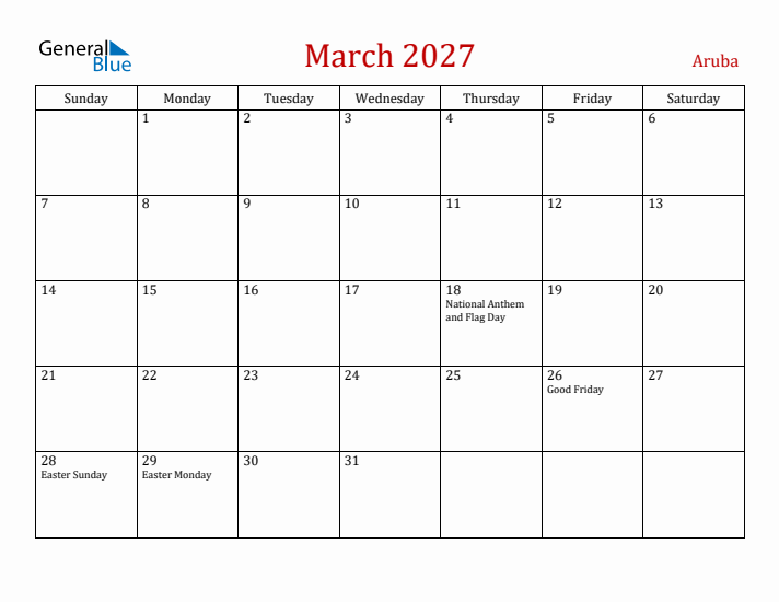 Aruba March 2027 Calendar - Sunday Start