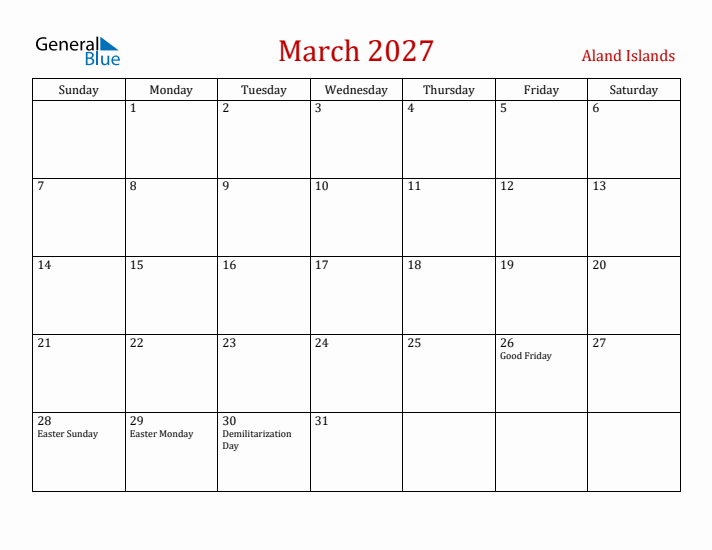 Aland Islands March 2027 Calendar - Sunday Start