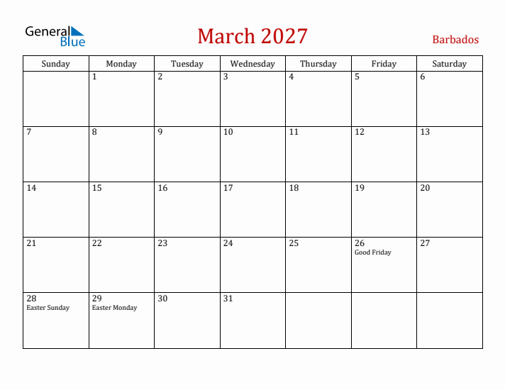 Barbados March 2027 Calendar - Sunday Start