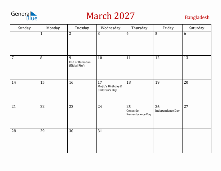 Bangladesh March 2027 Calendar - Sunday Start
