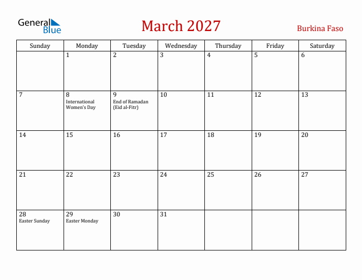 Burkina Faso March 2027 Calendar - Sunday Start