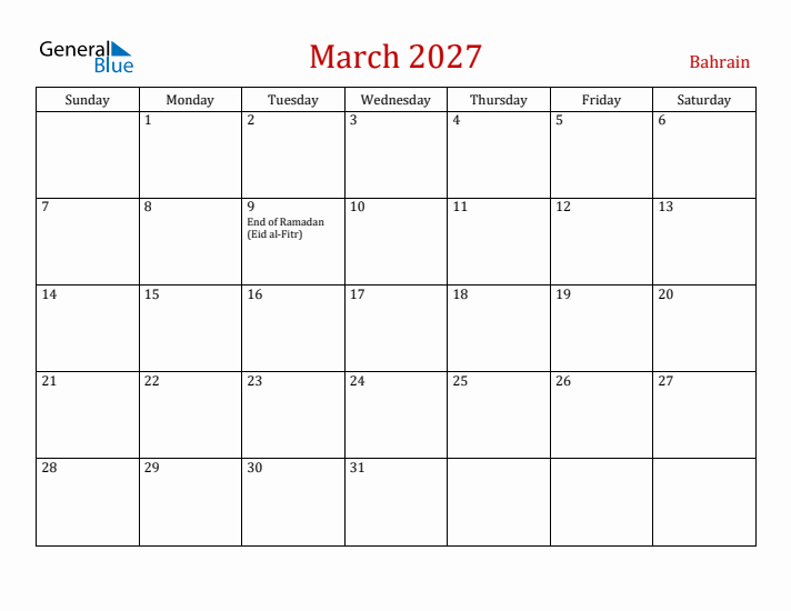 Bahrain March 2027 Calendar - Sunday Start