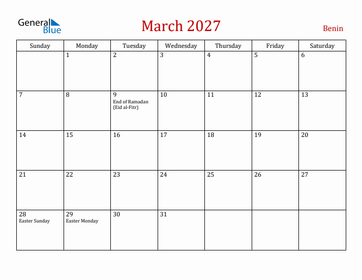Benin March 2027 Calendar - Sunday Start