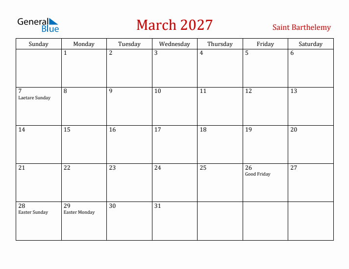 Saint Barthelemy March 2027 Calendar - Sunday Start