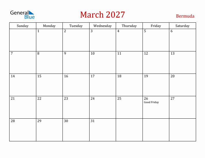 Bermuda March 2027 Calendar - Sunday Start