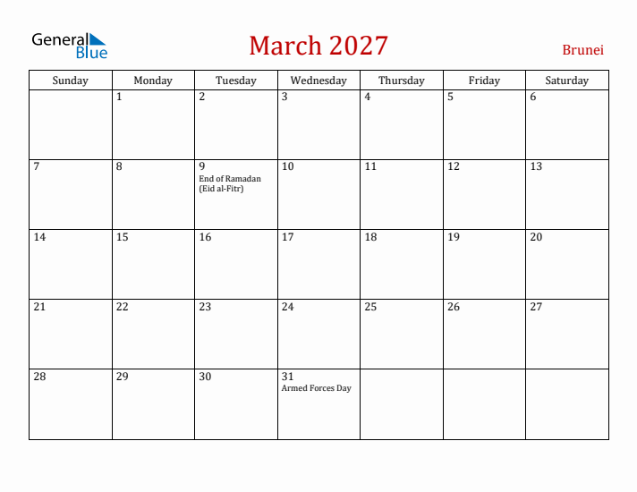 Brunei March 2027 Calendar - Sunday Start