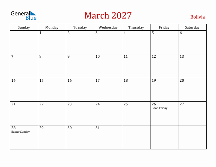 Bolivia March 2027 Calendar - Sunday Start