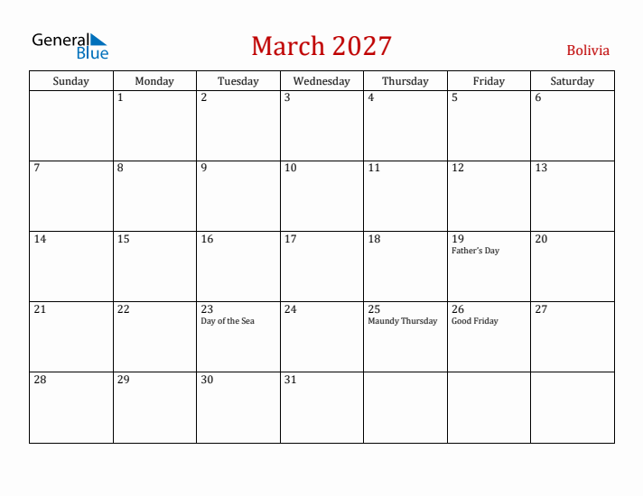 Bolivia March 2027 Calendar - Sunday Start