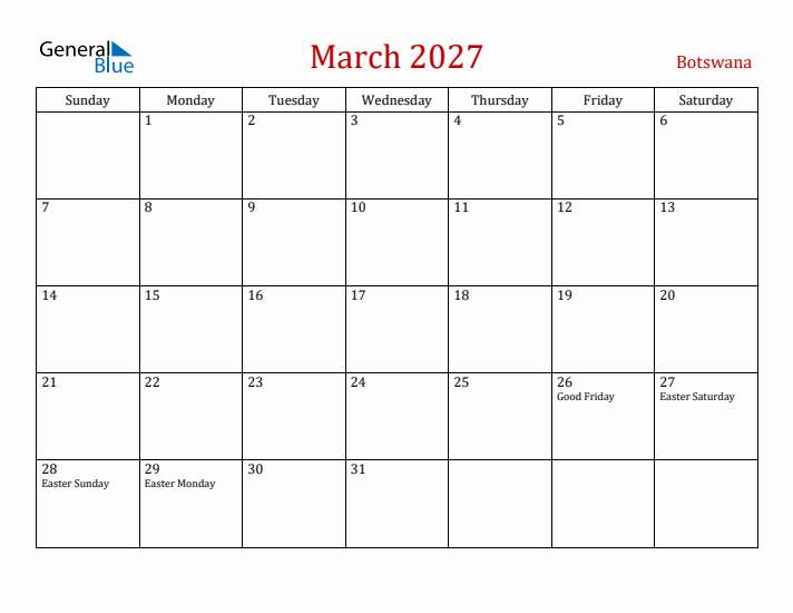 Botswana March 2027 Calendar - Sunday Start