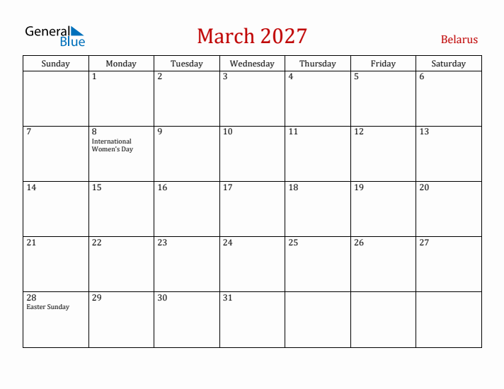 Belarus March 2027 Calendar - Sunday Start