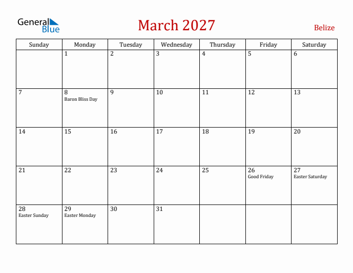 Belize March 2027 Calendar - Sunday Start