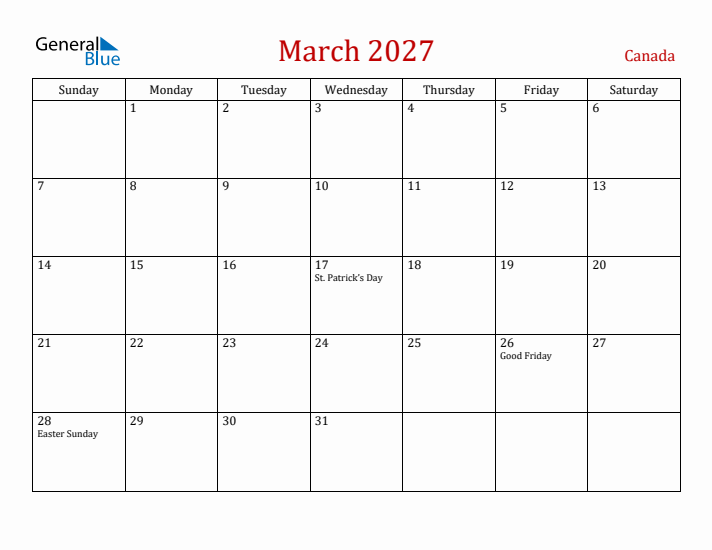 Canada March 2027 Calendar - Sunday Start
