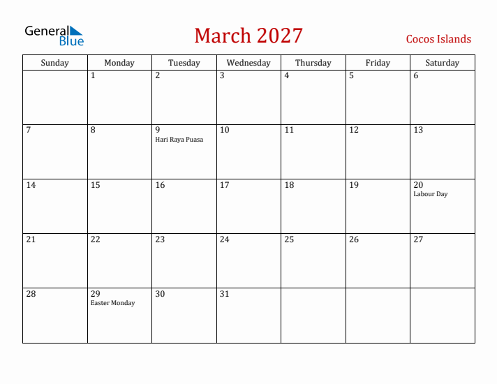 Cocos Islands March 2027 Calendar - Sunday Start