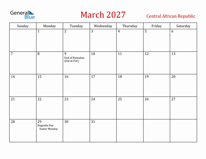 Central African Republic March 2027 Calendar - Sunday Start