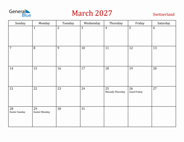 Switzerland March 2027 Calendar - Sunday Start