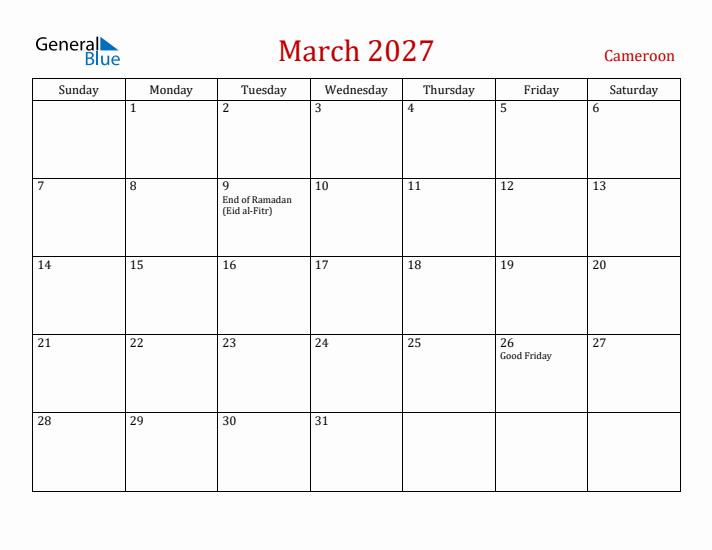 Cameroon March 2027 Calendar - Sunday Start