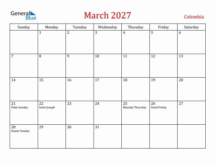 Colombia March 2027 Calendar - Sunday Start
