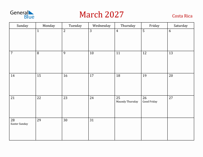 Costa Rica March 2027 Calendar - Sunday Start