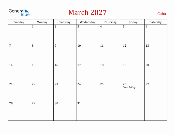 Cuba March 2027 Calendar - Sunday Start